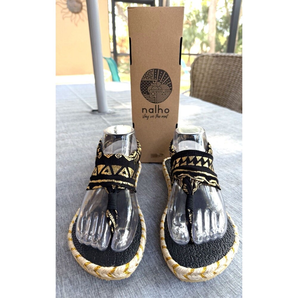 NEW NALHO Sz 8 Yoga Mat Memory Foam Espadrilles Sandal Ganika Black Gold Aztec